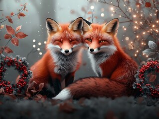 Obraz premium Elegant red fox pausing to observe the twinkling fairy lights and beribboned wreaths lithe and alert with vibrant red fur and sharp golden eyes
