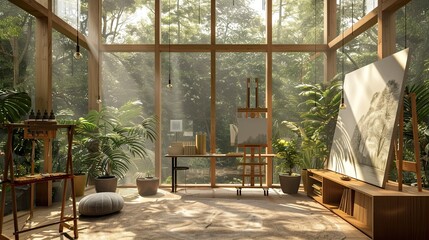 Fototapeta premium Sunroom with a minimalist art corner, large easels, and a forest view