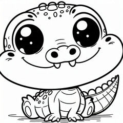 Obraz premium Black white lineart coloring book, cute animal character. Cute baby crocodile Cartoon Character with Big Eyes