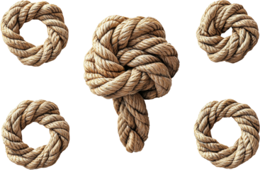 Various Types of Knots Made from Natural Rope Isolated on transparent background
