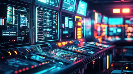 Obraz premium Futuristic Control Room: Neon Lights and Digital Interfaces