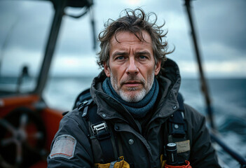Exploring the High Seas: Close-up of a rugged middle-aged man with tousled hair and penetrating eyes, on an expedition boat. Set against a tumultuous sea under a cloudy sky.