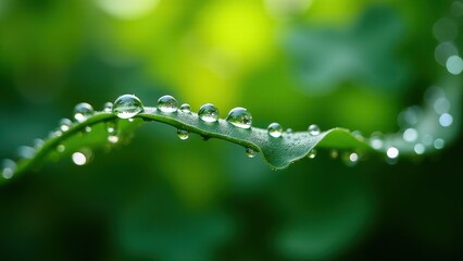 Close-Up of Green Leaves with Morning Dewdrops on a Sunny Day

