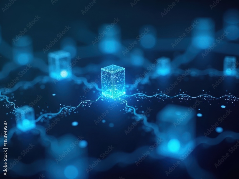 Wall mural blockchain technology represented by glowing cubes connected through a network in a futuristic digit