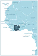 Naklejka premium Cote D'Ivoire - blue map with neighboring countries and country names. Vector illustration