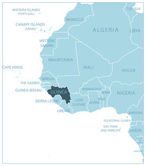 Guinea - blue map with neighboring countries and country names. Vector illustration