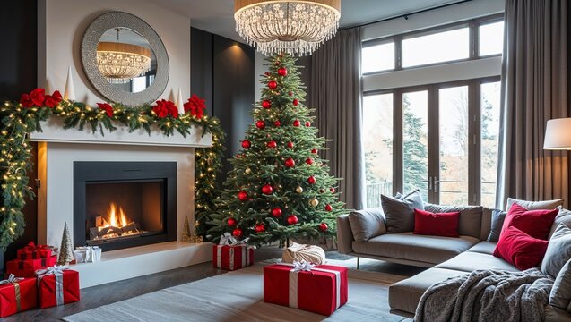 Living room with Christmas tree and fireplace - Powered by Adobe