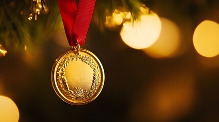 A close-up of a shining gold medal hanging from a red ribbon, with intricate details highlighted, symbolizing achievement, victory, and success 