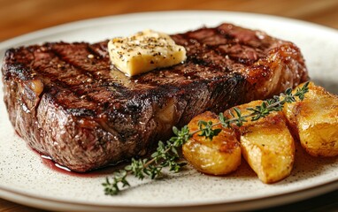 A medium-rare porterhouse steak served with a truffle butter dollop, accompanied by golden potato fondant and sprigs of thyme on a textured white plate