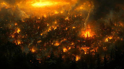 Naklejka premium Infernal Cityscape: A Burning Metropolis in the Night