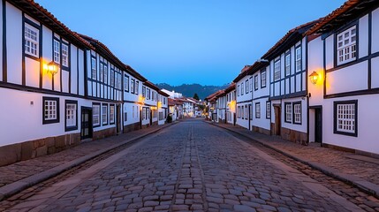 Cobblestone street lined with traditional white houses at twilight.