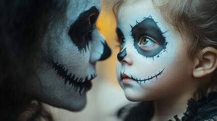 Calavera makeup, mother, daughter, close-up, indoor, Halloween