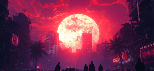 Fototapeta premium Crimson Cityscape: A Futuristic Urban Nightscape Under a Blood Red Moon