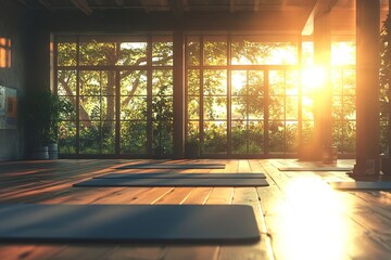Fototapeta premium Tranquil Sunrise Yoga Studio: Find Inner Peace with Morning Yoga Session in Serene Nature-Inspired Setting.