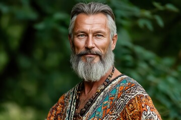 Mature shaman with gray hair and beard wearing ethnic clothes and necklace is smiling in nature