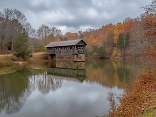 Fototapeta premium Covered bridge reflected in calm autumn lake.