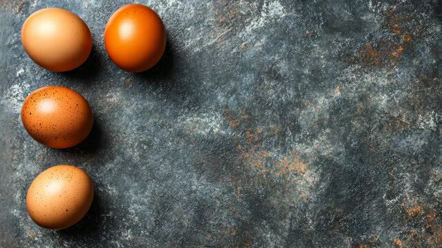 Fresh eggs arranged on a textured surface, showcasing their natural colors and speckles in a rustic setting
