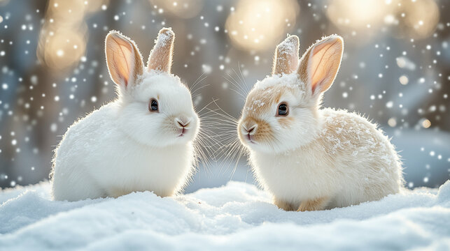 White rabbits sitting in snow during winter, wildlife photography concept
