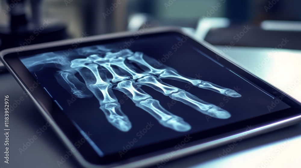 Poster A high-resolution x-ray showing the bones of a human hand is displayed on a tablet. This advanced technology illustrates the clarity of medical imaging in a healthcare environment.