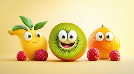 Cartoon funny fruits. Happy kiwi banana raspberry orange cherry with face. Summer fruit and berry characters isolated on white. Fruit kiwi and banana, orange and strawberry illustration