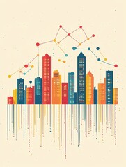 Fototapeta premium Economic growth, city skyline with upward graph lines, flat design illustration
