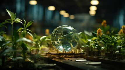 Digital image of world green globe sitting on top of a green plant in earth  