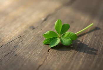 Naklejka premium Green four-leaf clover on a sunlit wooden surface