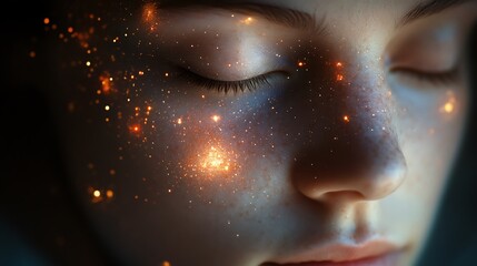 Close-up of a woman's face with glowing particles.