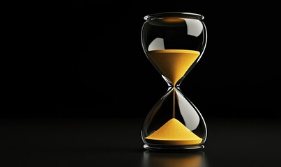 Golden sand flows in an hourglass on a smooth black surface against a dark backdrop