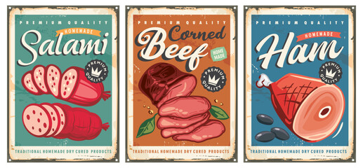 Set of retro signs with various meat products. Food vector illustration.