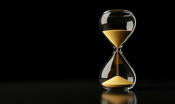Elegant hourglass with falling golden sand captures the essence of time against a sleek black background