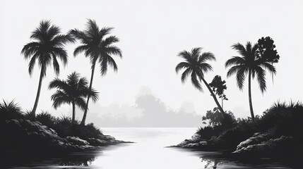 Monochrome palm trees, tranquil lagoon, misty jungle background, serene landscape print