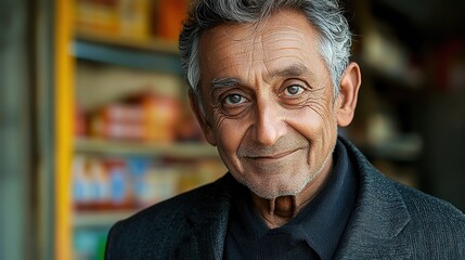 Fototapeta premium Smiling Indian Hindu convenience store owner provides friendly customer service at local shop