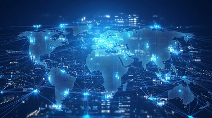 A digital world map with glowing connections representing global networking and technology.