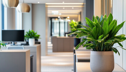 Modern office interior design featuring potted plants and natural light