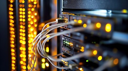 Ethernet cables connected to switches in a modern data center during operational hours