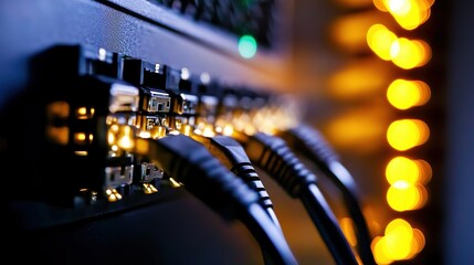 Ethernet cables connected to an internet switch in a modern data center for networking solutions