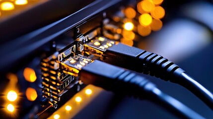 Connected telecommunication ethernet cables linking to an internet switch in a data center environment