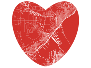 Heart-Shaped Map of Dulluth Minnesota, USA in Bold Red and White Design.