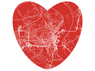 Heart-Shaped Map of Dubuque Iowa, USA in Bold Red and White Design.