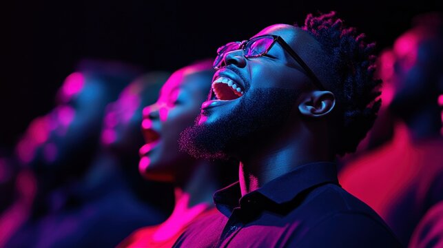 Joyful African American choir members perform uplifting gospel music in a vibrant church setting