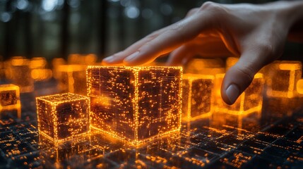 Hand touches glowing data cubes in dark forest