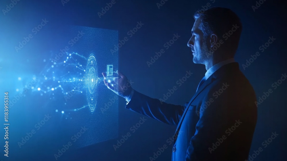 Poster a professional man interacts with a futuristic holographic display, showcasing digital data and conn