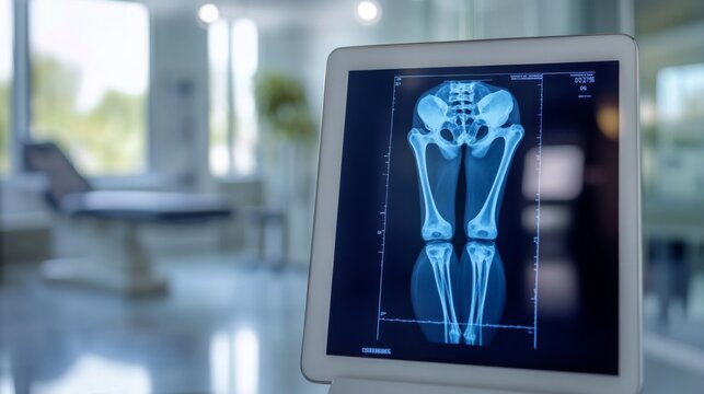 A detailed x-ray shows human legs from the knee to the hip in a well-lit medical facility.