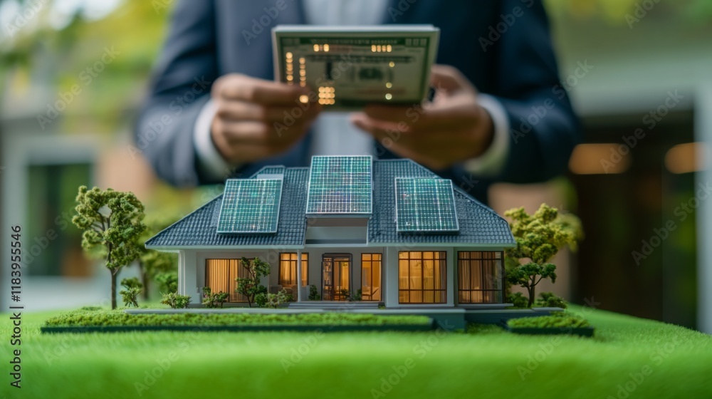Poster a person holds a tablet while examining a miniature model of a house featuring solar panels and a gr