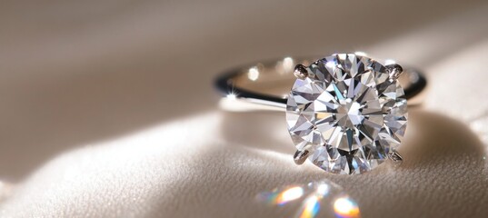 Fototapeta premium Shiny diamond ring resting on soft white silk reflecting light