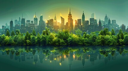 Obraz premium A lush forest merging with a city skyline to depict eco-friendly urbanization