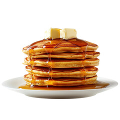 Crispy pancakes topped with melting butter and drizzled syrup, served on a pristine white surface, inviting and deliciously appealing