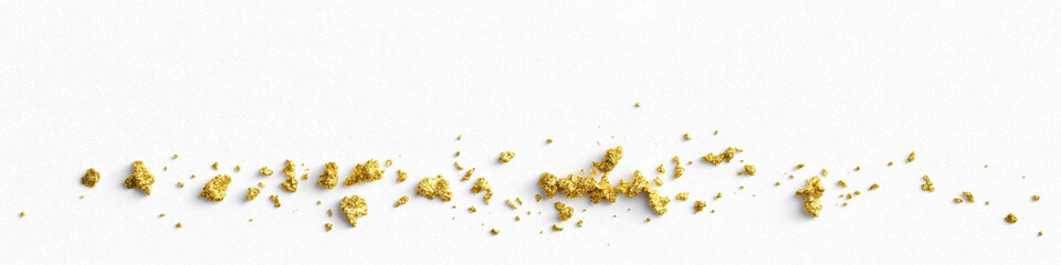 Gold and black paint splattering on white canvas background. Sprinkled gold