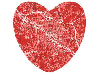 Heart-Shaped Map of Durham North Carolina, USA in Bold Red and White Design.